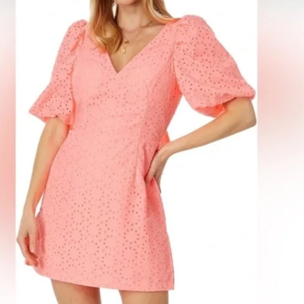 Lilly Pulitzer‎ Celestina V-Neck Romper in Sunrise Coral Neon Sunburst Eyelet 10